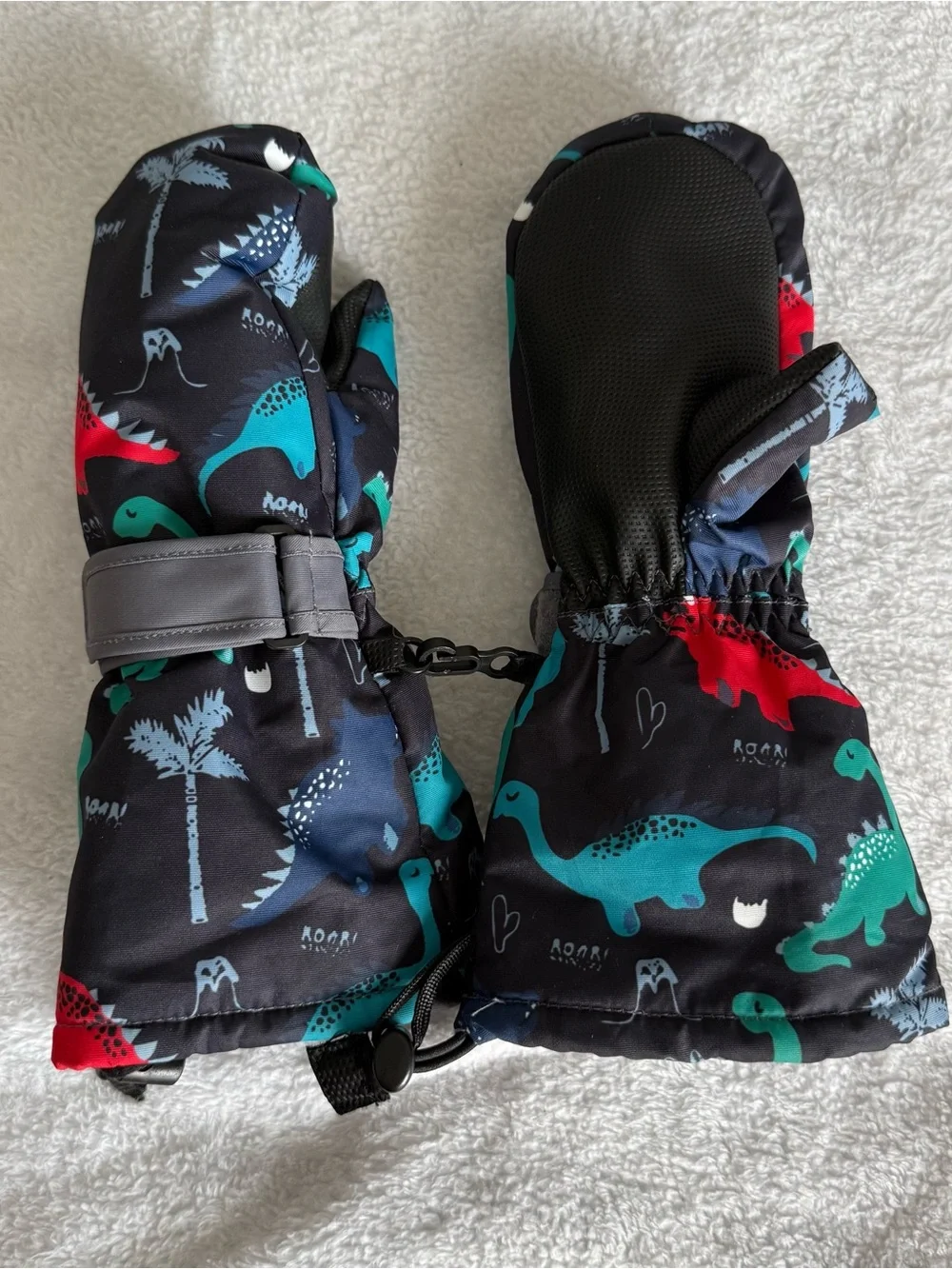 Amazon Kids Black Mittens with Teal & Red Dinosaur Print